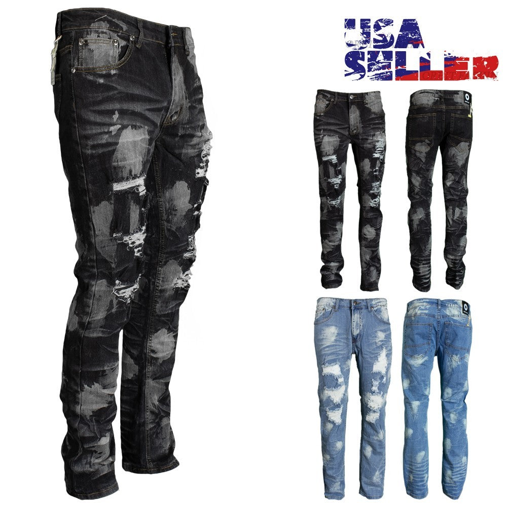 Mens Distressed Ripped Jeans Slim Fit Urban Streetwear Acid Wash Denim Pants